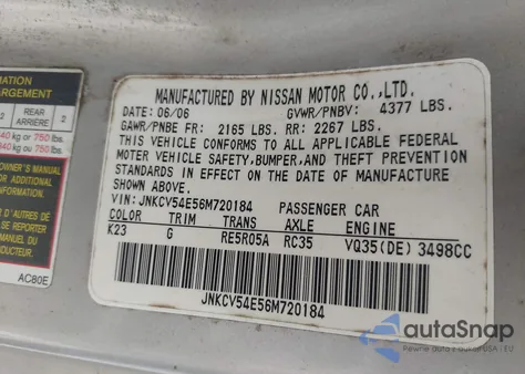 2006 Infiniti G35 z USA, uszkodzony, nr VIN JNKCV54E56M720184